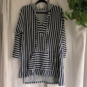 Navy Blue White Striped Boho Hoodie L/XL